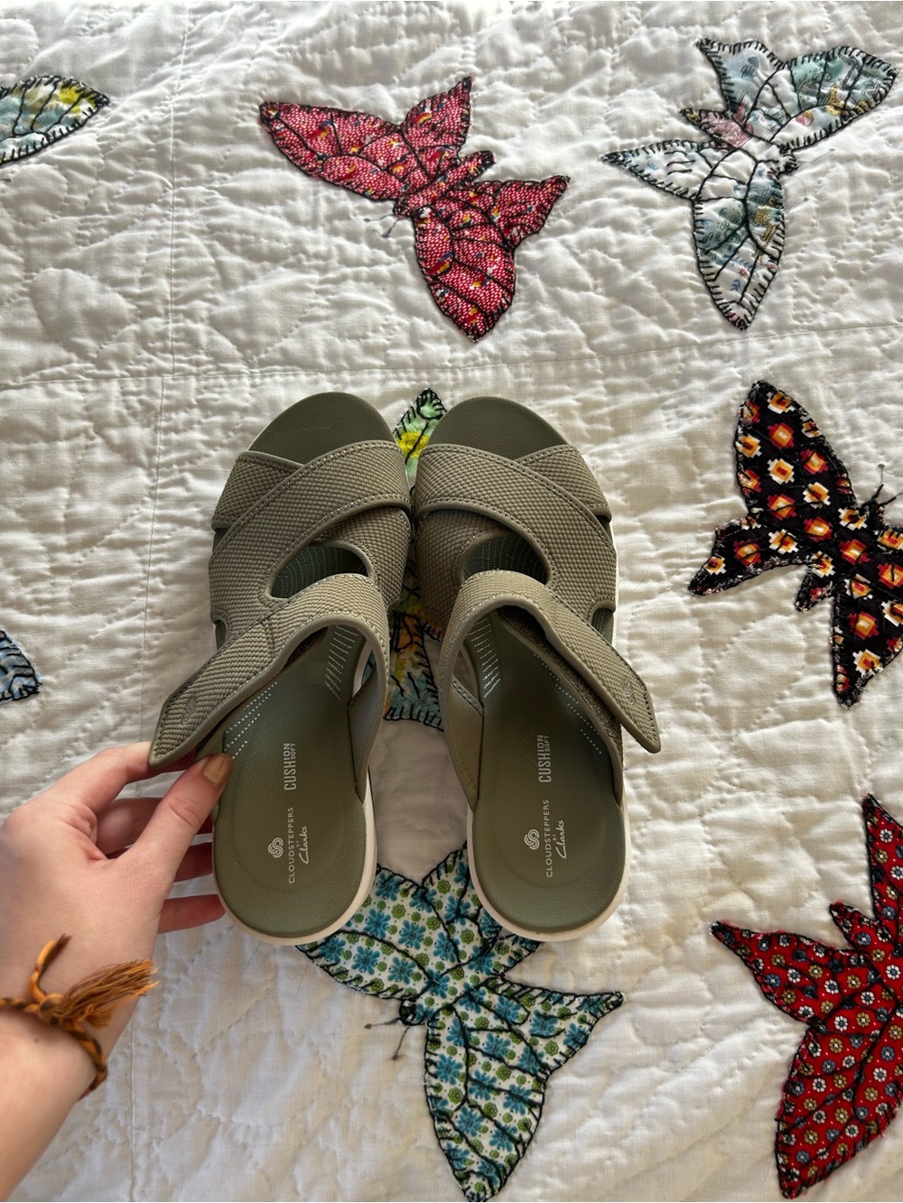 Clarks Olive Green Cushioned Slip-On Sandals - Women's Comfort